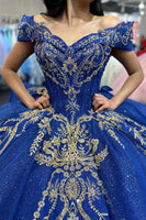 Load image into Gallery viewer, Sparkly Royal Blue Appliques Sequins Ruffles Ball Gown with Off The Shoulder
