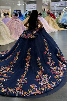 Floral Sparkly Navy Off The Shoulder Sequins Ball Gown with Appliques