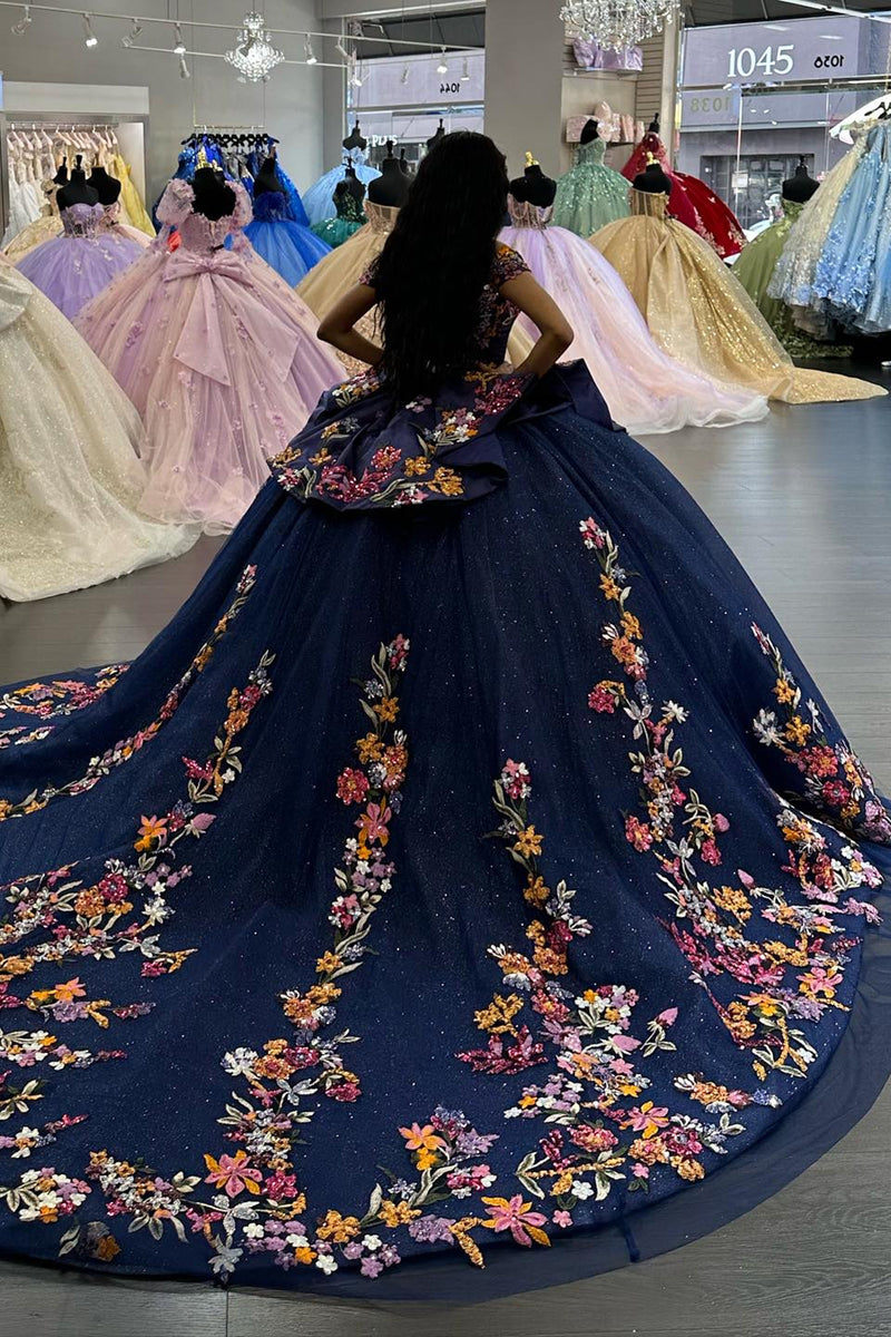 Load image into Gallery viewer, Floral Sparkly Navy Off The Shoulder Sequins Ball Gown with Appliques