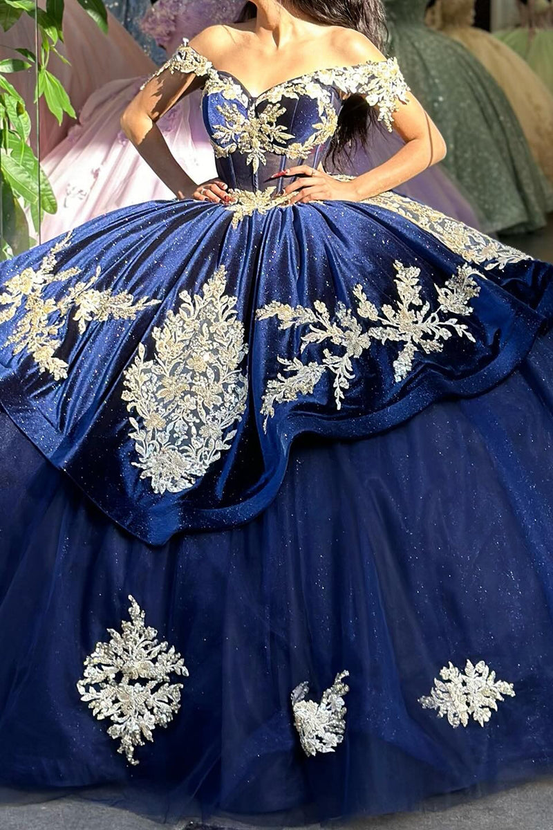 Load image into Gallery viewer, Navy Sparkly Off The Shoulder Sequins Quinceanera Dress with Appliques