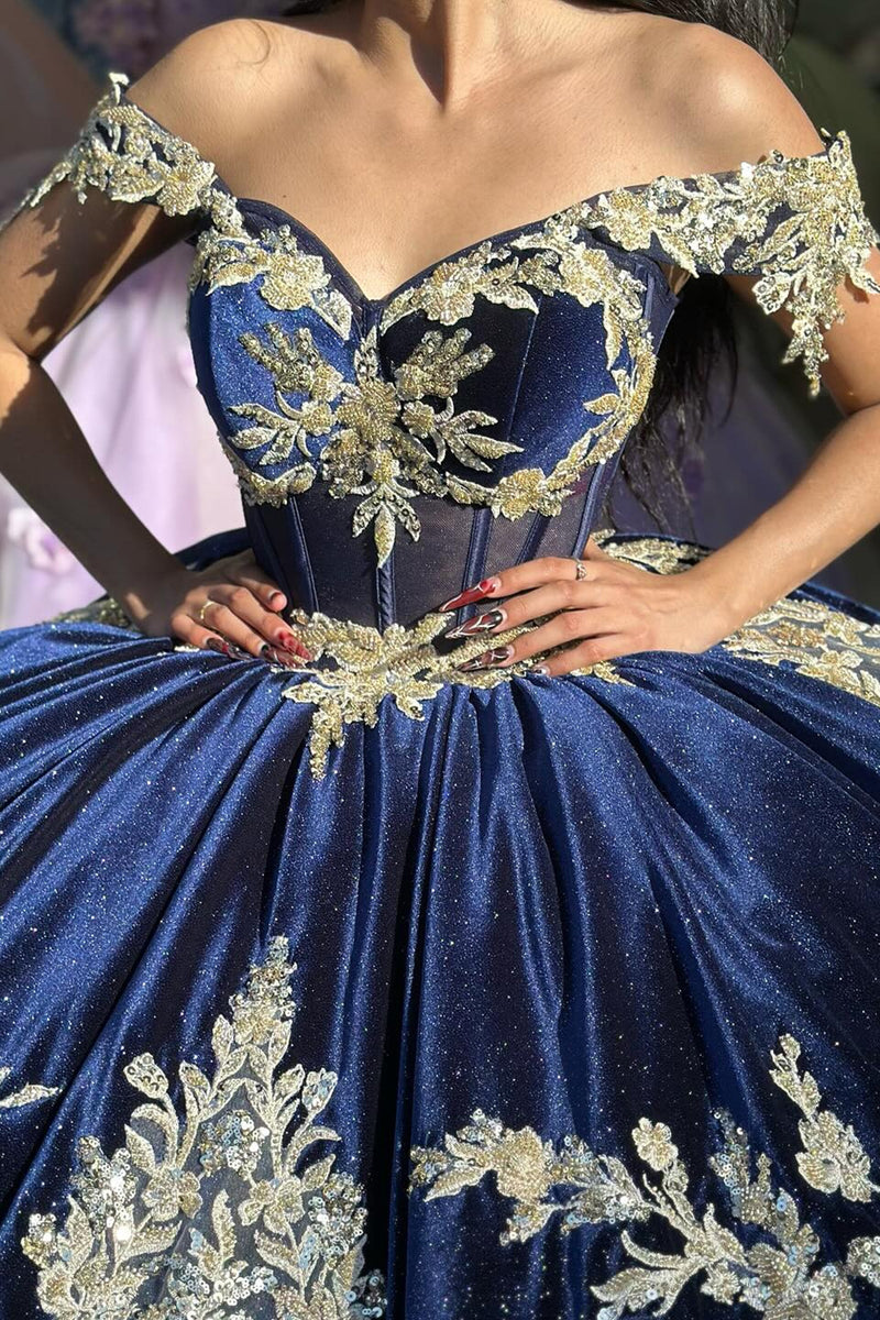 Load image into Gallery viewer, Navy Sparkly Off The Shoulder Sequins Quinceanera Dress with Appliques