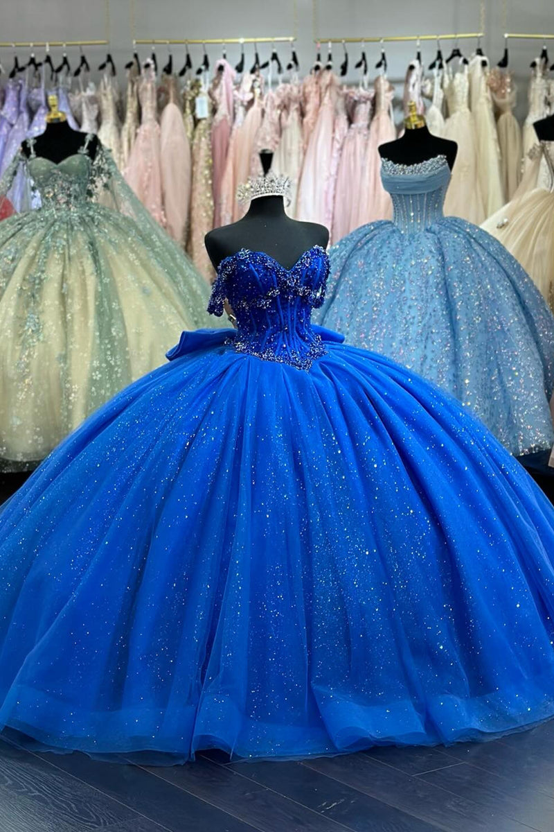 Load image into Gallery viewer, Glitter Royal Blue Off The Shoulder Ruffles Quinceanera Dress with Sequins