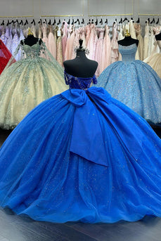Glitter Royal Blue Off The Shoulder Ruffles Quinceanera Dress with Sequins