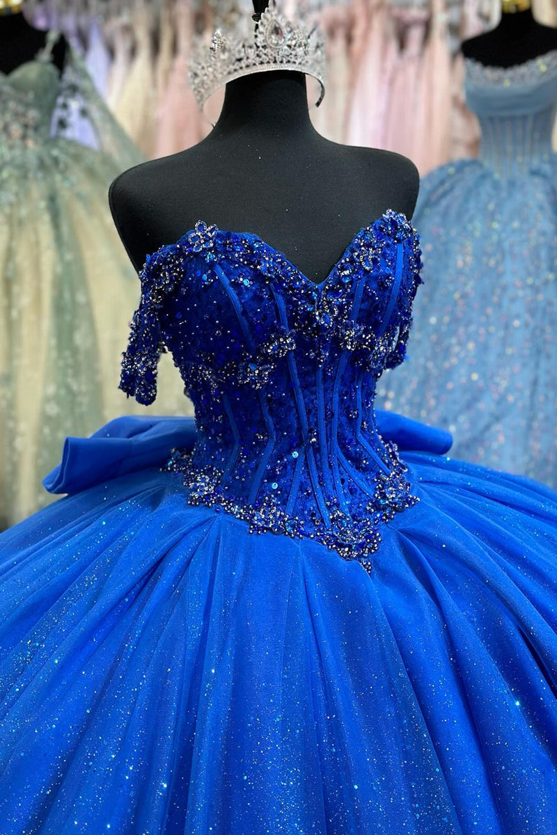 Load image into Gallery viewer, Glitter Royal Blue Off The Shoulder Ruffles Quinceanera Dress with Sequins