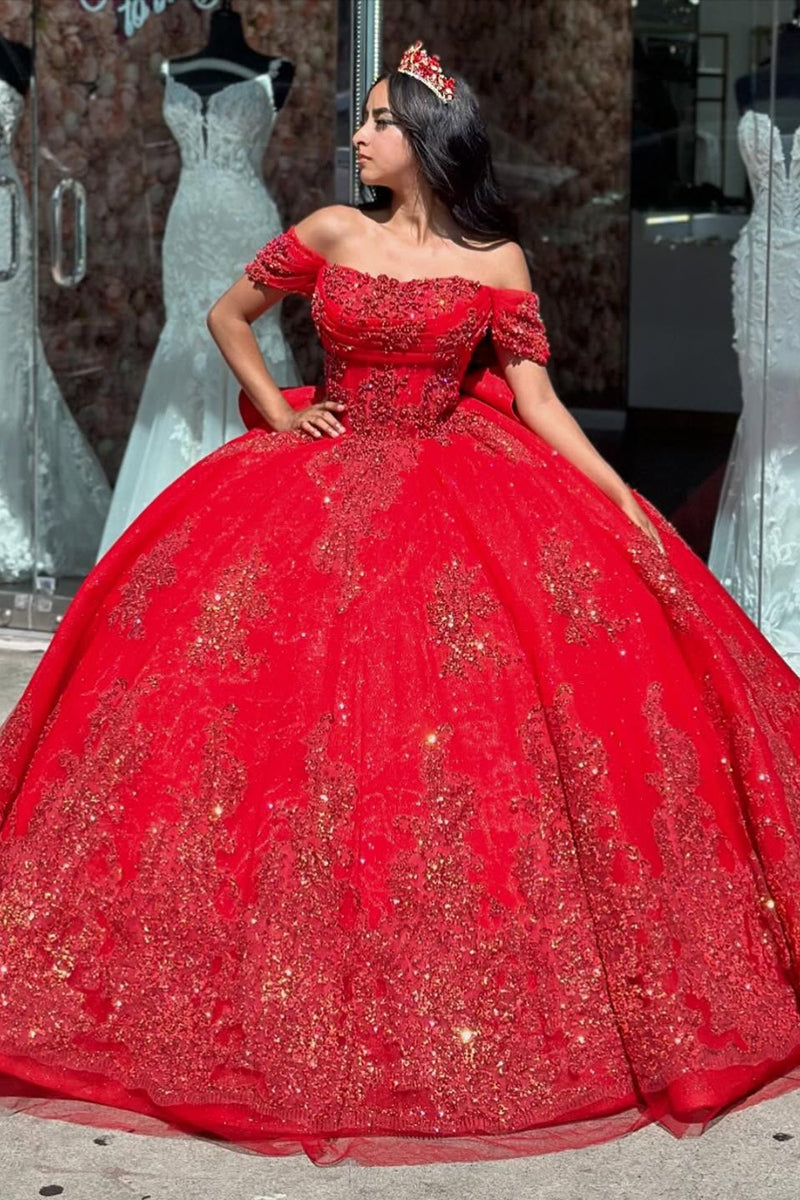 Load image into Gallery viewer, Sparkly Red Off the Shoulder Appliques Tulle Quinceanera Dress with Sequins