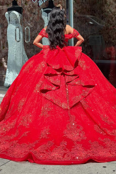 Sparkly Red Off the Shoulder Appliques Tulle Quinceanera Dress with Sequins