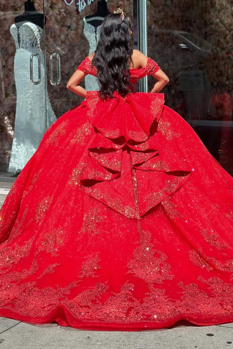 Load image into Gallery viewer, Sparkly Red Off the Shoulder Appliques Tulle Quinceanera Dress with Sequins