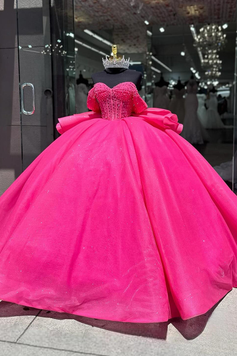 Load image into Gallery viewer, Sparkly Fuchsia Off The Shoulder Beaded Long Quinceanera Dress with Bow
