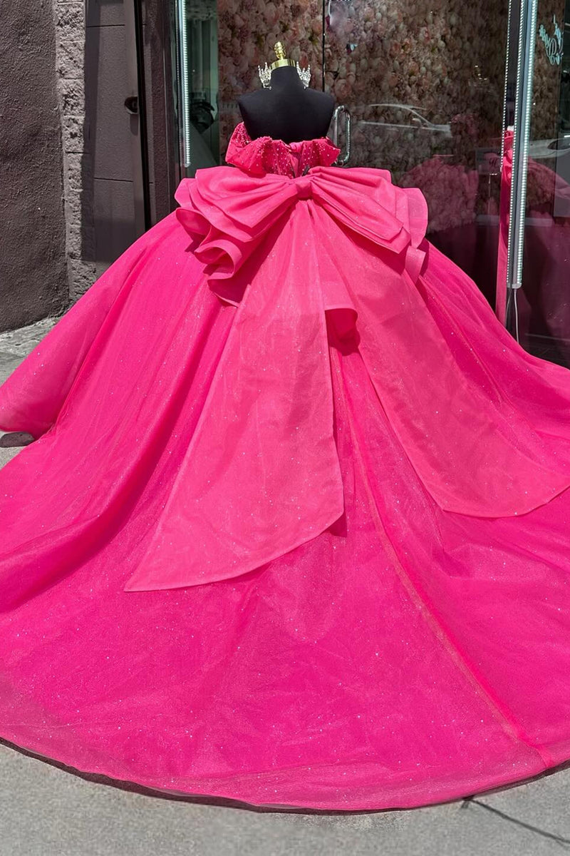 Load image into Gallery viewer, Sparkly Fuchsia Off The Shoulder Beaded Long Quinceanera Dress with Bow