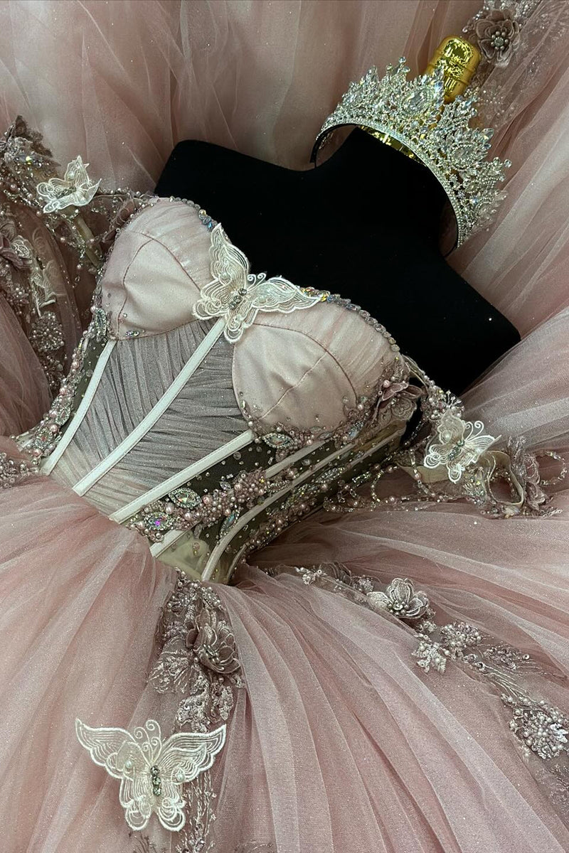 Load image into Gallery viewer, Corset Blush Sparkly Off The Shoulder Long Quinceanera Dress