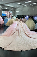 Load image into Gallery viewer, Sparkly Blush Off The Shoulder Appliques Beaded Quinceanera Dress with Bow