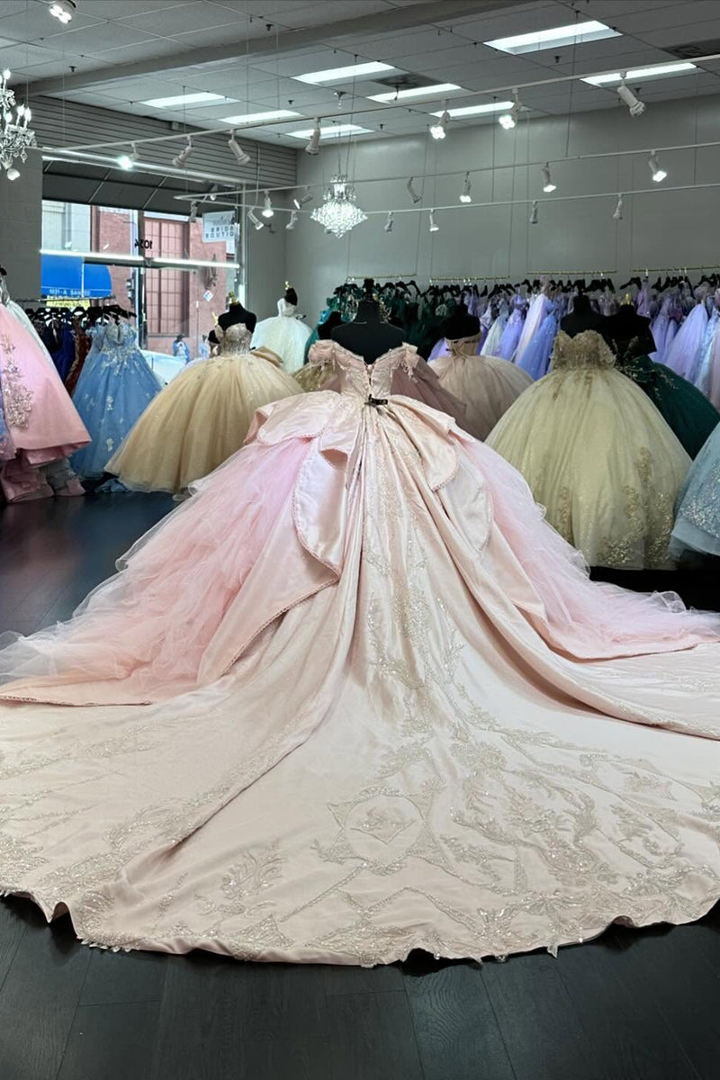 Load image into Gallery viewer, Sparkly Blush Off The Shoulder Appliques Beaded Quinceanera Dress with Bow