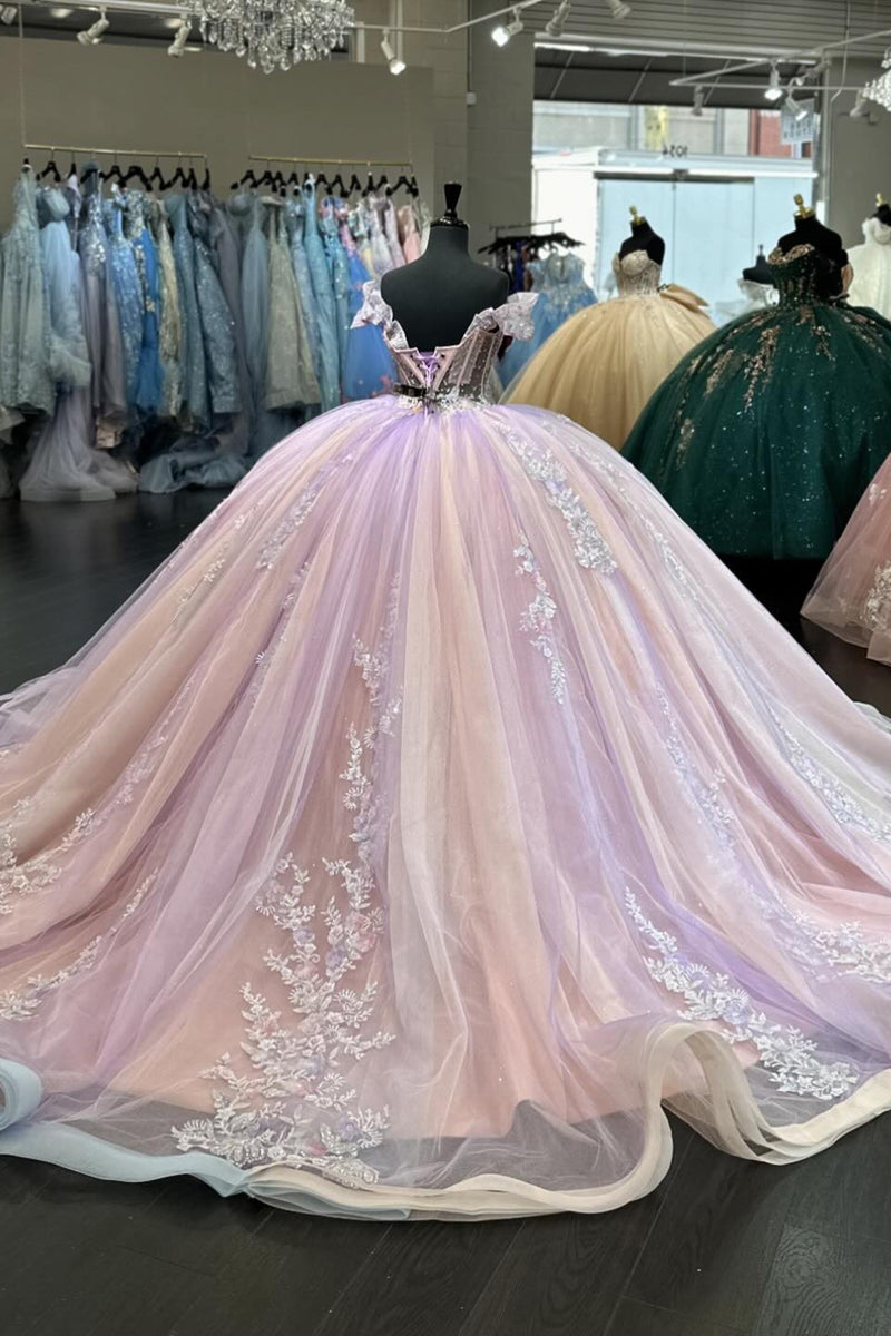 Load image into Gallery viewer, Sparkly Blush Off The Shoulder Ruffles Long Quinceanera Dress with Appliques