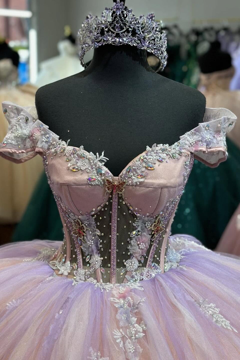 Load image into Gallery viewer, Sparkly Blush Off The Shoulder Ruffles Long Quinceanera Dress with Appliques