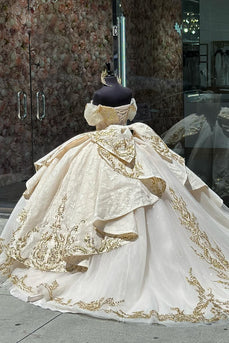 Apricot Sparkly Off The Shoulder Appliques Ruffles Quinceanera Dress with Sequins