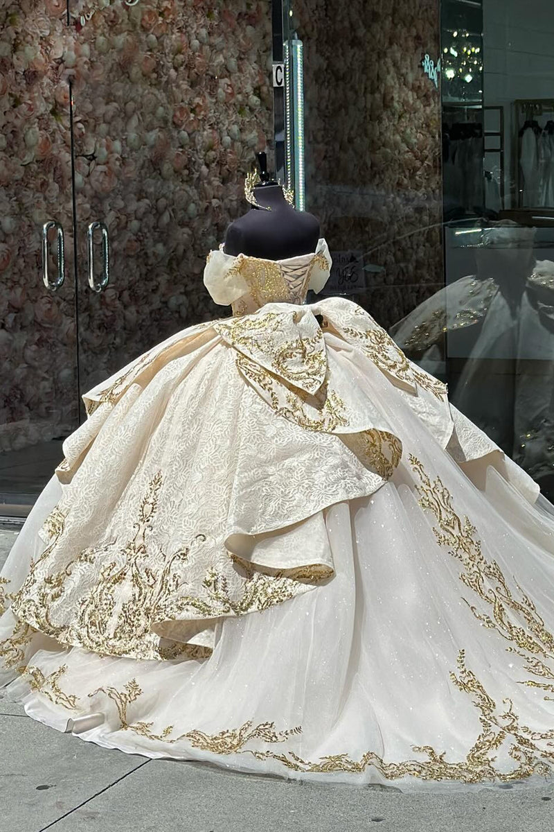 Load image into Gallery viewer, Apricot Sparkly Off The Shoulder Appliques Ruffles Quinceanera Dress with Sequins