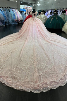 Appliques Blush Square Neck Tulle Long Quinceanera Dress