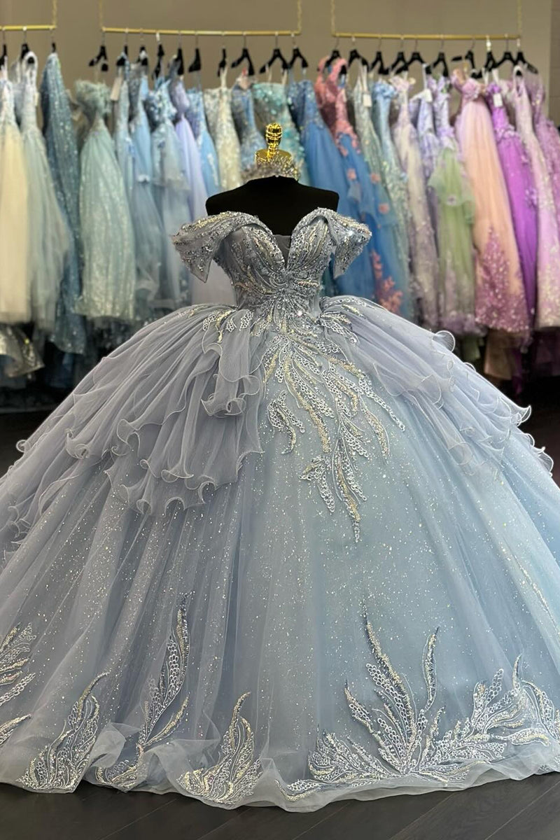 Load image into Gallery viewer, Sparkly Light Blue Off The Shoulder Ruffles Tulle Sequined Quinceanera Dress with Appliques