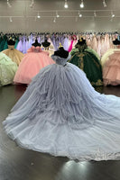 Load image into Gallery viewer, Sparkly Light Blue Off The Shoulder Ruffles Tulle Sequined Quinceanera Dress with Appliques