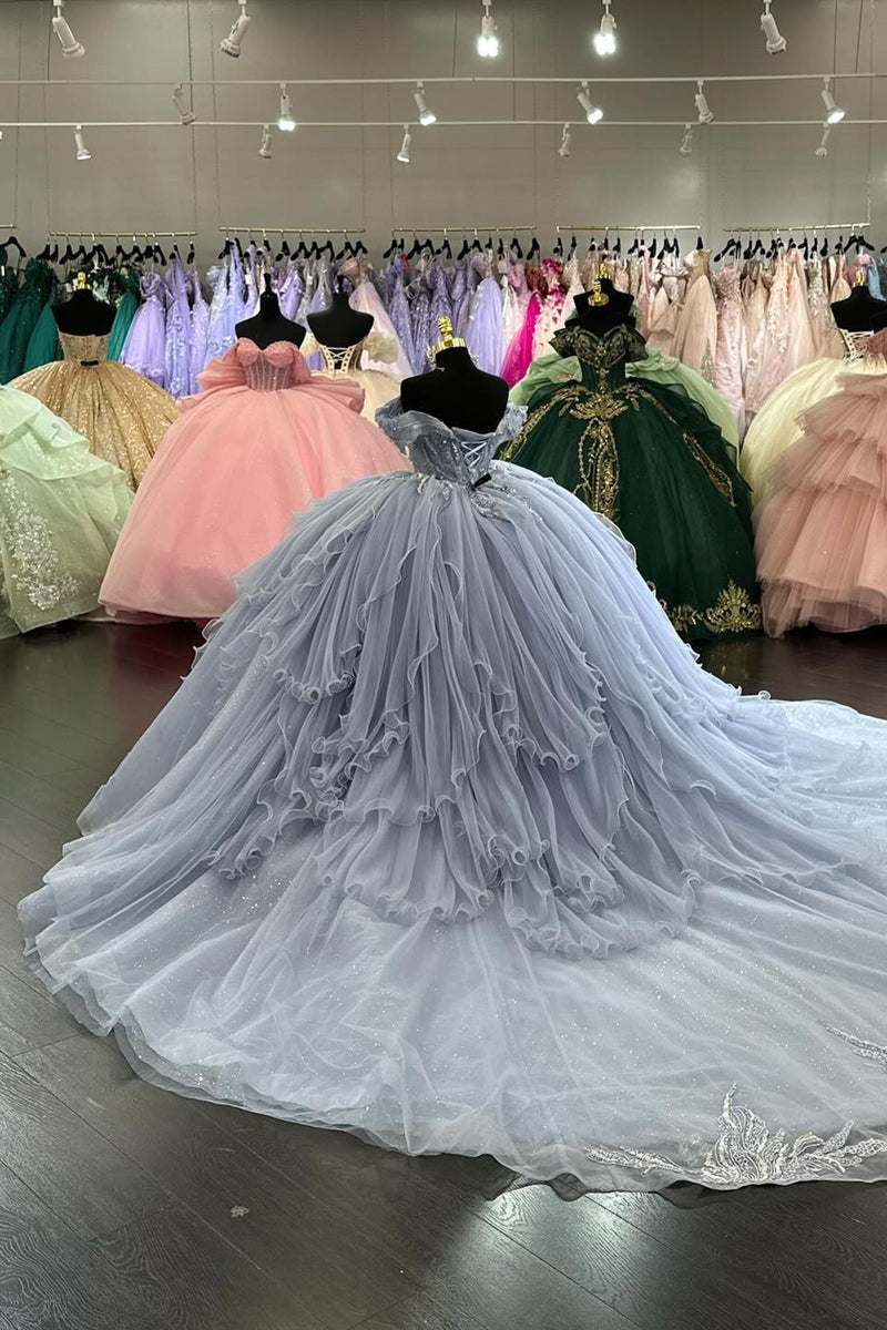 Load image into Gallery viewer, Sparkly Light Blue Off The Shoulder Ruffles Tulle Sequined Quinceanera Dress with Appliques