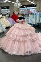 Load image into Gallery viewer, Blush Off The Shoulder Tiered Tulle Long Quinceanera Dress with Beaded