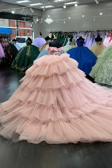 Blush Off The Shoulder Tiered Tulle Long Quinceanera Dress with Beaded