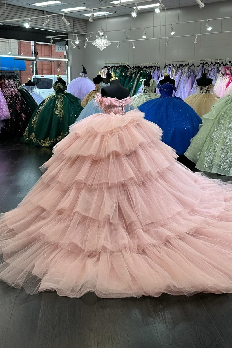 Load image into Gallery viewer, Blush Off The Shoulder Tiered Tulle Long Quinceanera Dress with Beaded