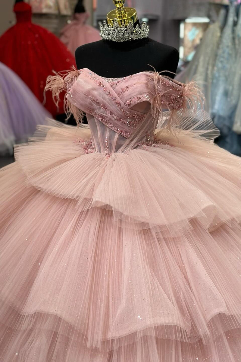 Load image into Gallery viewer, Blush Off The Shoulder Tiered Tulle Long Quinceanera Dress with Beaded