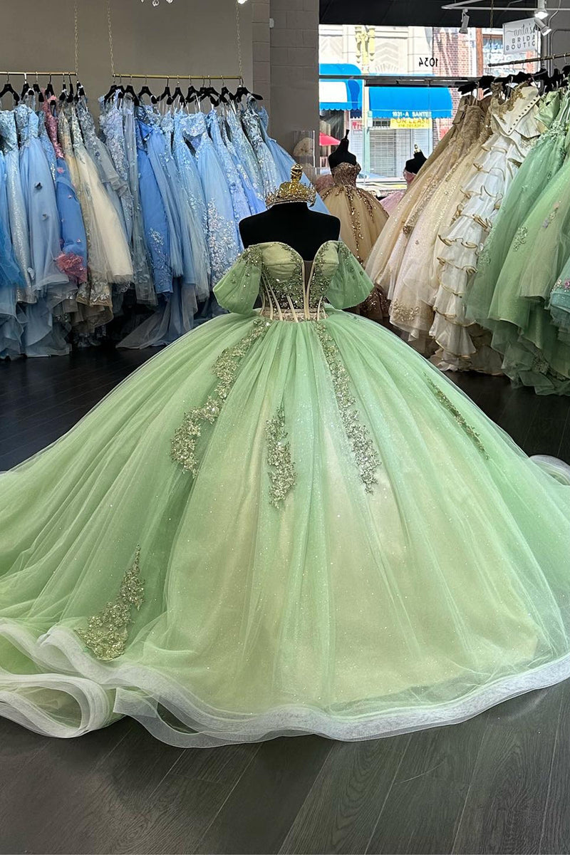 Load image into Gallery viewer, Green Off The Shoulder Appliques Corset Quinceanera Dress with Sequins