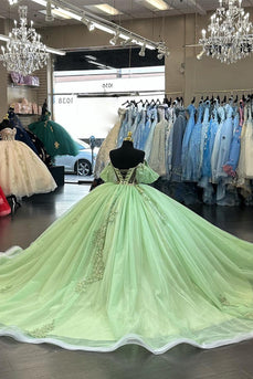 Green Off The Shoulder Appliques Corset Quinceanera Dress with Sequins