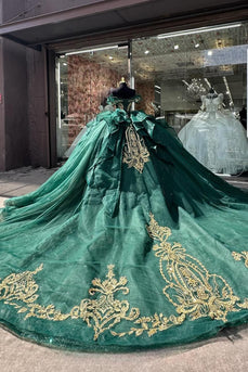 Corset Dark Green Off The Shoulder Tulle Quinceanera Dress with Appliques