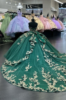 Dark Green Strapless Appliques Pleated Tulle Quinceanera Dress with Bow
