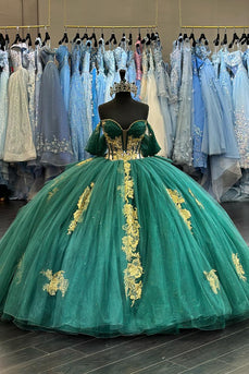 Off The Shoulder Sparkly Dark Green Corset Tulle Quinceanera Dress with Appliques