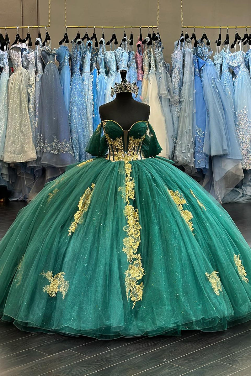 Load image into Gallery viewer, Off The Shoulder Sparkly Dark Green Corset Tulle Quinceanera Dress with Appliques