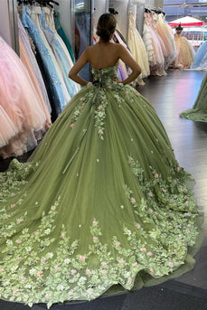 Appliques Strapless Sparkly Green Pleated Tulle Quinceanera Dress with Sequined