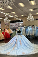 Load image into Gallery viewer, Light Blue Tulle Appliques Off The Shoulder Quinceanera Dress with Sequined