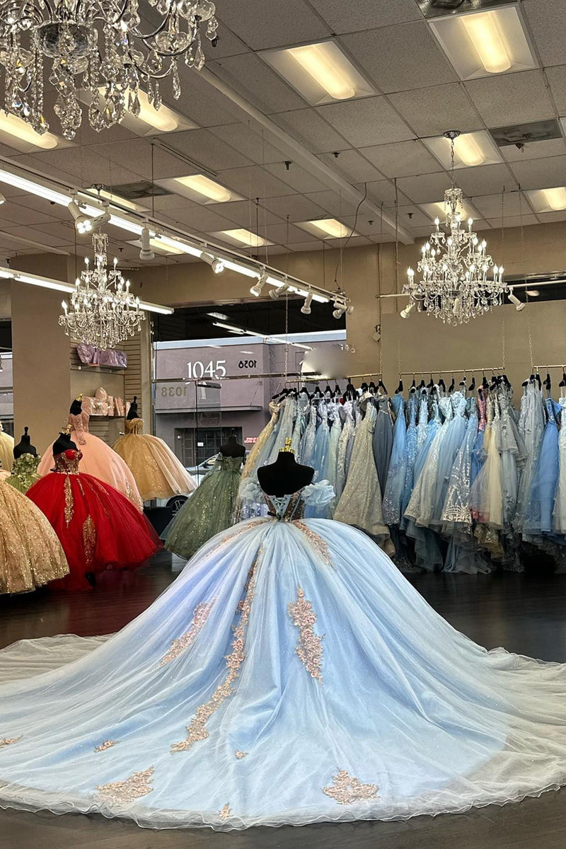 Load image into Gallery viewer, Light Blue Tulle Appliques Off The Shoulder Quinceanera Dress with Sequined
