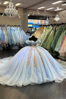Load image into Gallery viewer, Light Blue Tulle Appliques Off The Shoulder Quinceanera Dress with Sequined