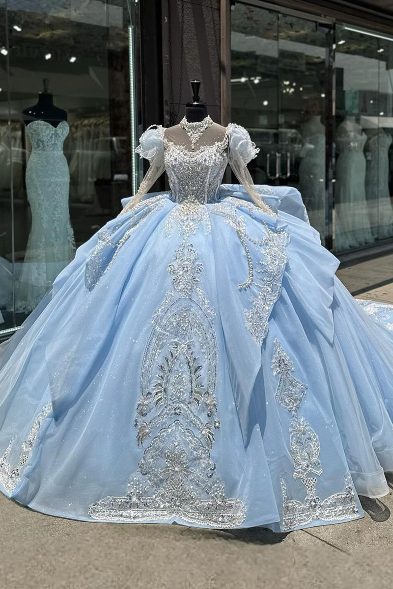 Load image into Gallery viewer, Glitter Light Blue Tulle Sequined Puff Sleeve Quinceanera Dress with Appliques