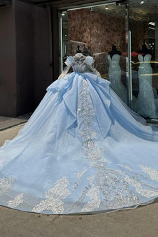 Glitter Light Blue Tulle Sequined Puff Sleeve Quinceanera Dress with Appliques