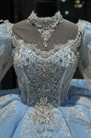 Load image into Gallery viewer, Glitter Light Blue Tulle Sequined Puff Sleeve Quinceanera Dress with Appliques