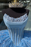 Load image into Gallery viewer, Corset Glitter Blue Strapless Beaded Quinceanera Dress with Appliques