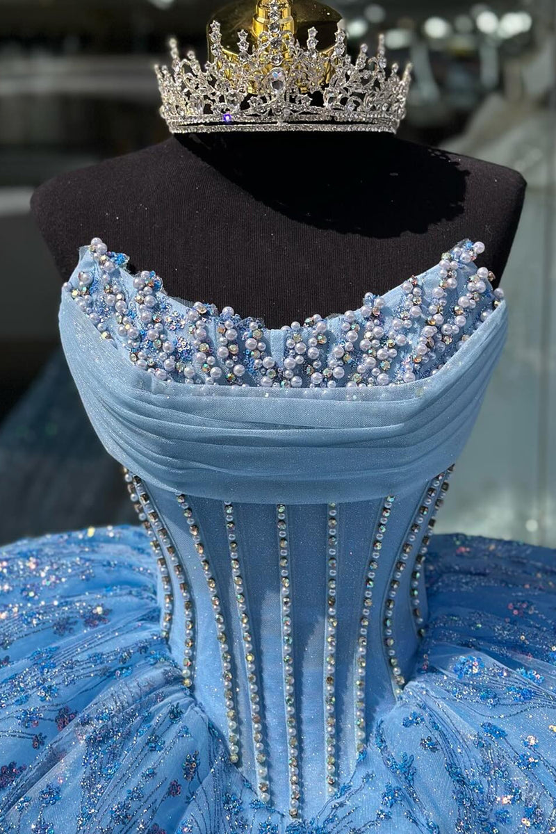 Load image into Gallery viewer, Corset Glitter Blue Strapless Beaded Quinceanera Dress with Appliques