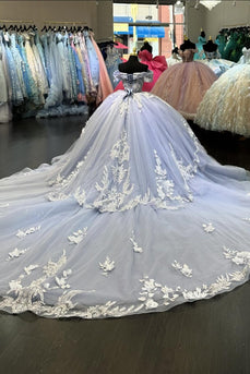 Corset Grey Blue Appliques Tulle Quinceanera Dress with Off The Shoulder