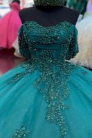 Load image into Gallery viewer, Sparkly Appliques Dark Green Off The Shoulder Quinceanera Dress with Beaded