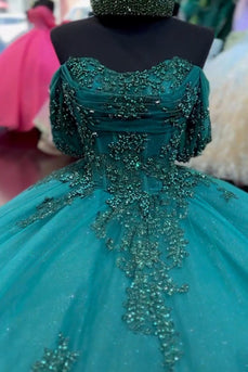 Sparkly Appliques Dark Green Off The Shoulder Quinceanera Dress with Beaded