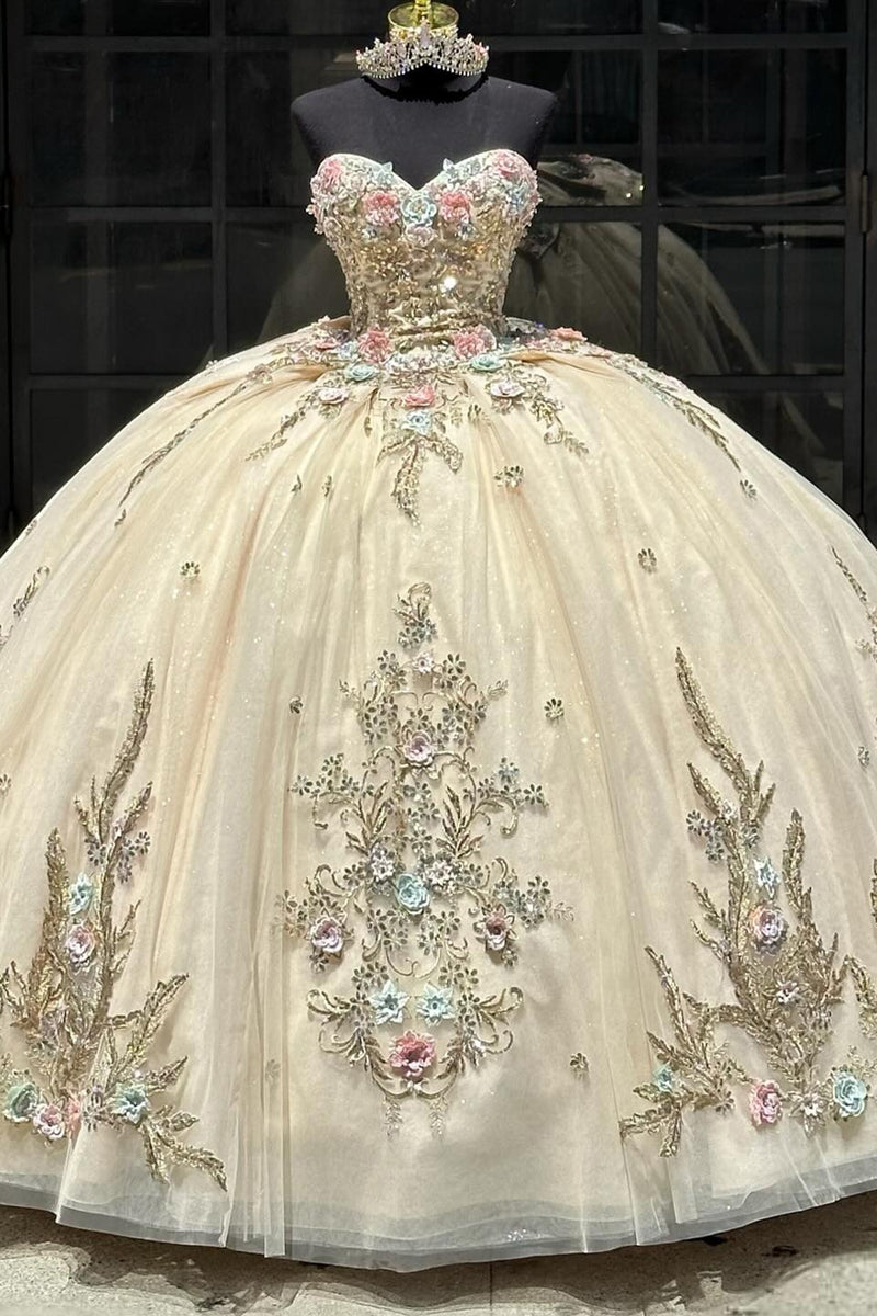 Load image into Gallery viewer, Golden Sparkly Sweetheart Beaded Floral Quinceanera Dress with Appliques