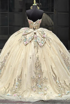 Golden Sparkly Sweetheart Beaded Floral Quinceanera Dress with Appliques