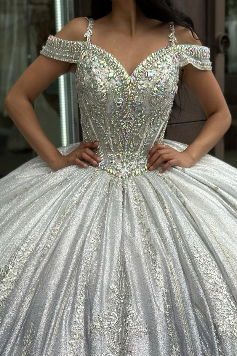 Load image into Gallery viewer, Sparkly Silver Cold Shoulder Beaded Long Ball Gown with Appliques