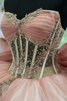 Glitter Blush Sweetheart Beaded Appliques Tulle Quinceanera Dress with Bow